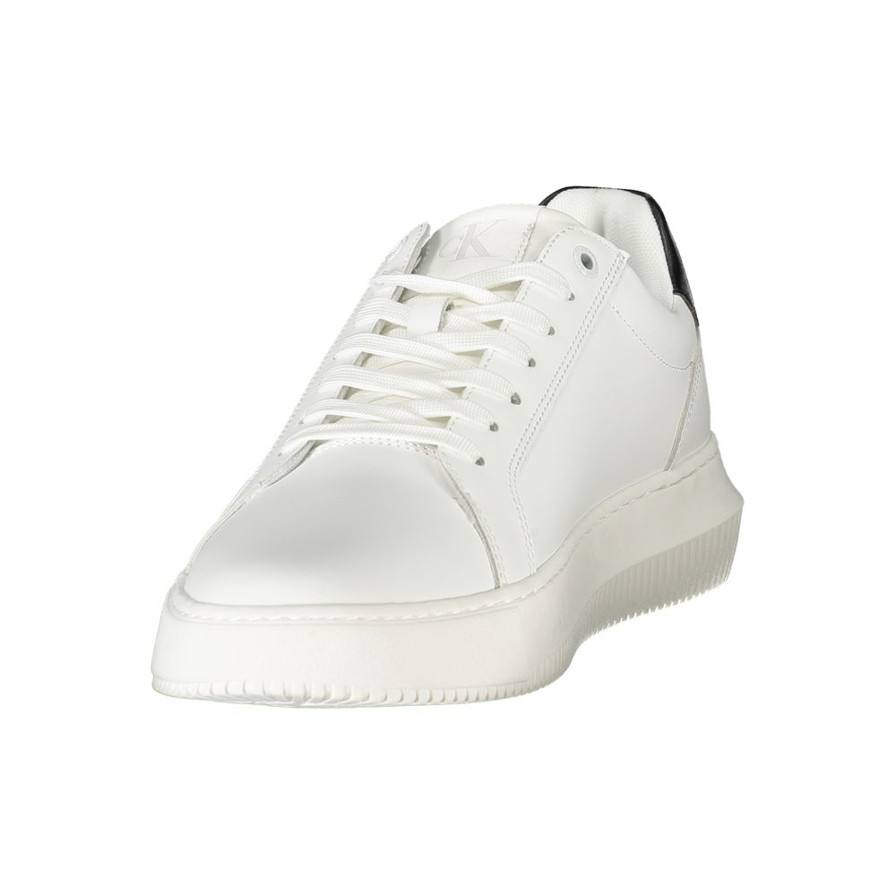 Calvin Klein White Leather Men Sneaker with black accents and logo detail, featuring a lace-up design and removable footbed for comfort.