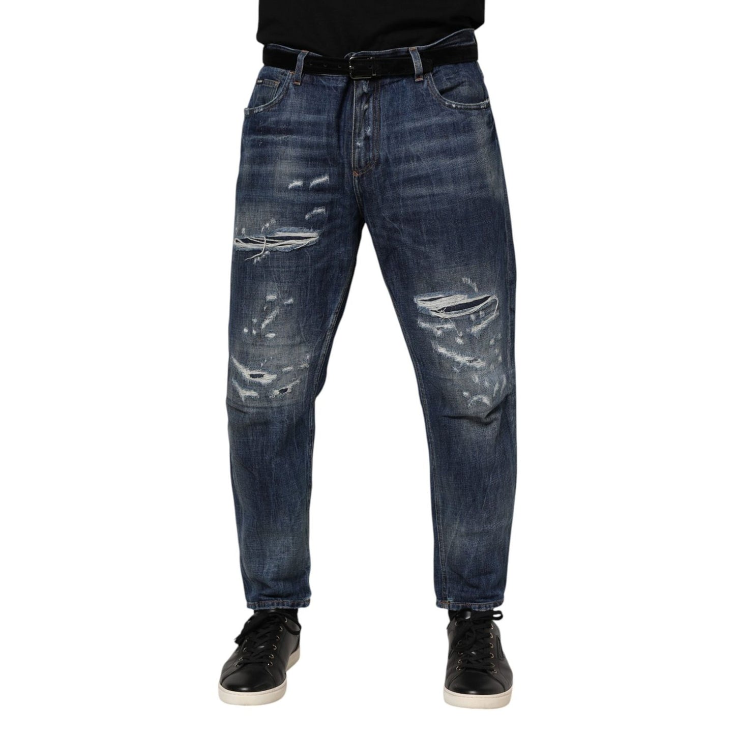 Dolce & Gabbana Blue Cotton Tattered Tapered Men Denim Jeans