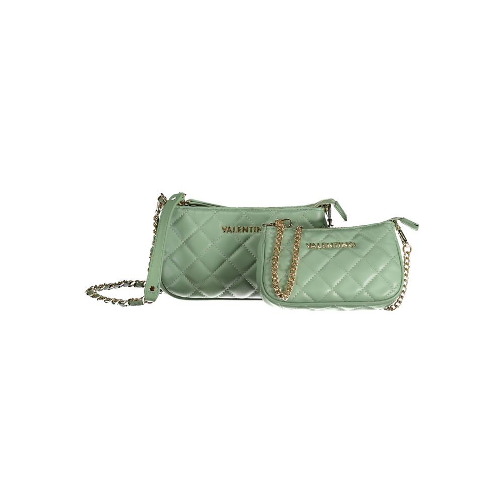 Mario Valentino Green Polyethylene Handbag with two bags, removable chain shoulder handle, internal pocket, phone holder, and zip closure.