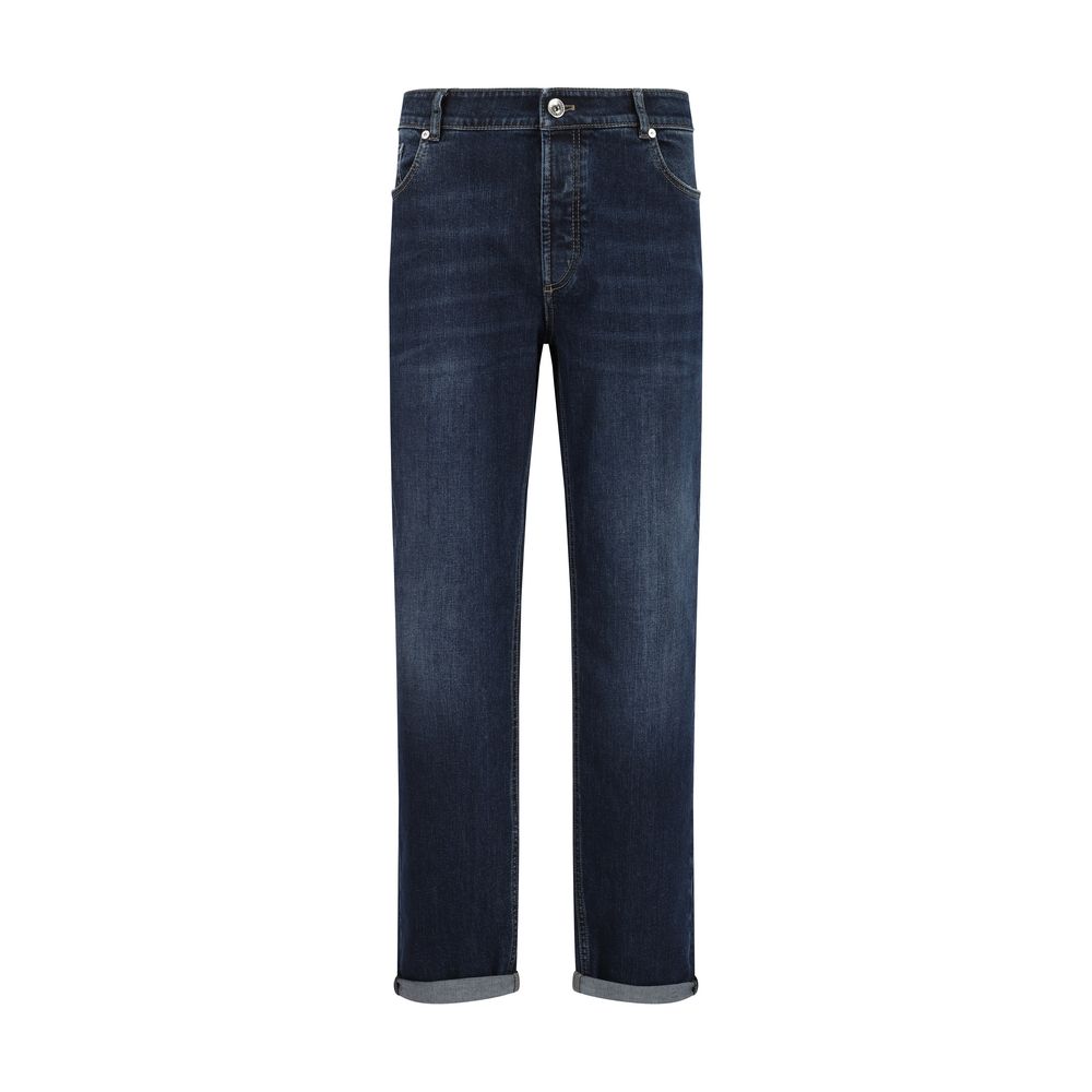 Brunello Cucinelli Straight Jeans with classic five-pocket style and turn-up hem, featuring front button closure and leather patch detail.