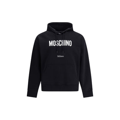 Moschino Black Cotton Sweatshirt with adjustable drawstring hood and pouch pocket, featuring Moschino logo on chest.