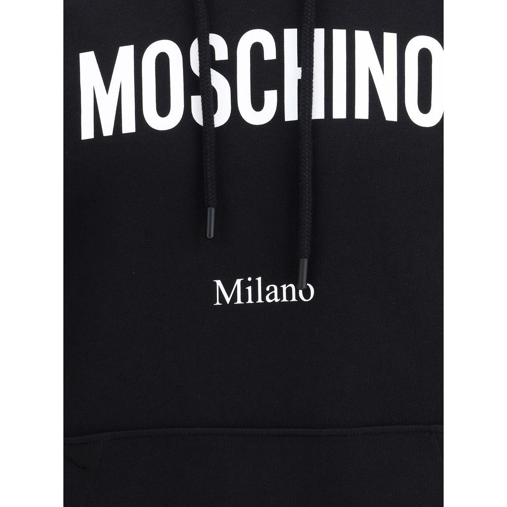 Moschino Black Cotton Sweatshirt with monogram and drawstring hood detail.