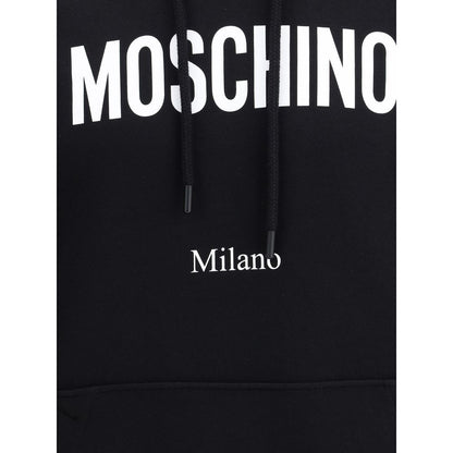 Moschino Black Cotton Sweatshirt with monogram and drawstring hood detail.