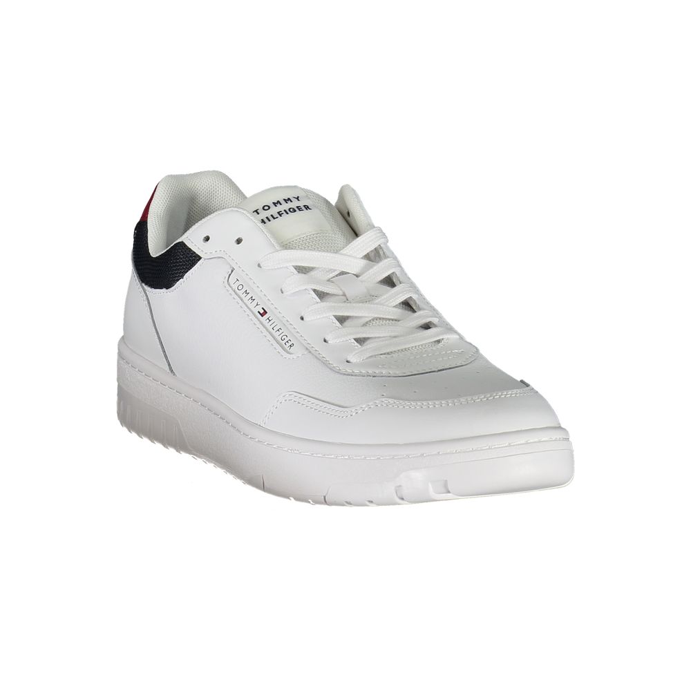 Tommy Hilfiger White Leather Sneaker with laces, removable insole, and contrasting logo details.