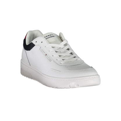 Tommy Hilfiger White Leather Sneaker with laces, removable insole, and contrasting logo details.