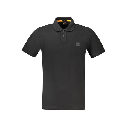 Hugo Boss Black Cotton Polo Shirt with short sleeves, slim fit, 2 buttons, embroidery, and logo application.