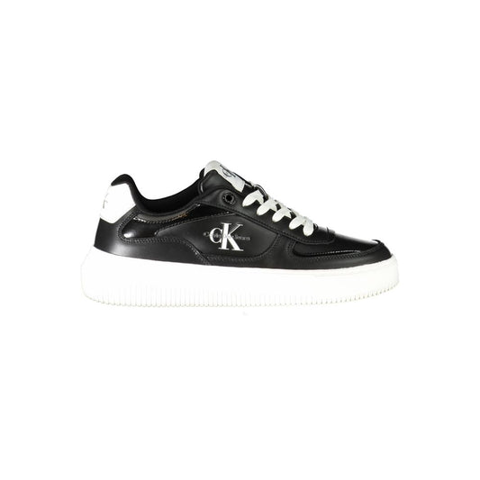 Calvin Klein Black Polyester Sneaker with logo, recycled thermoplastic rubber sole, sports shoe design, and contrast details.