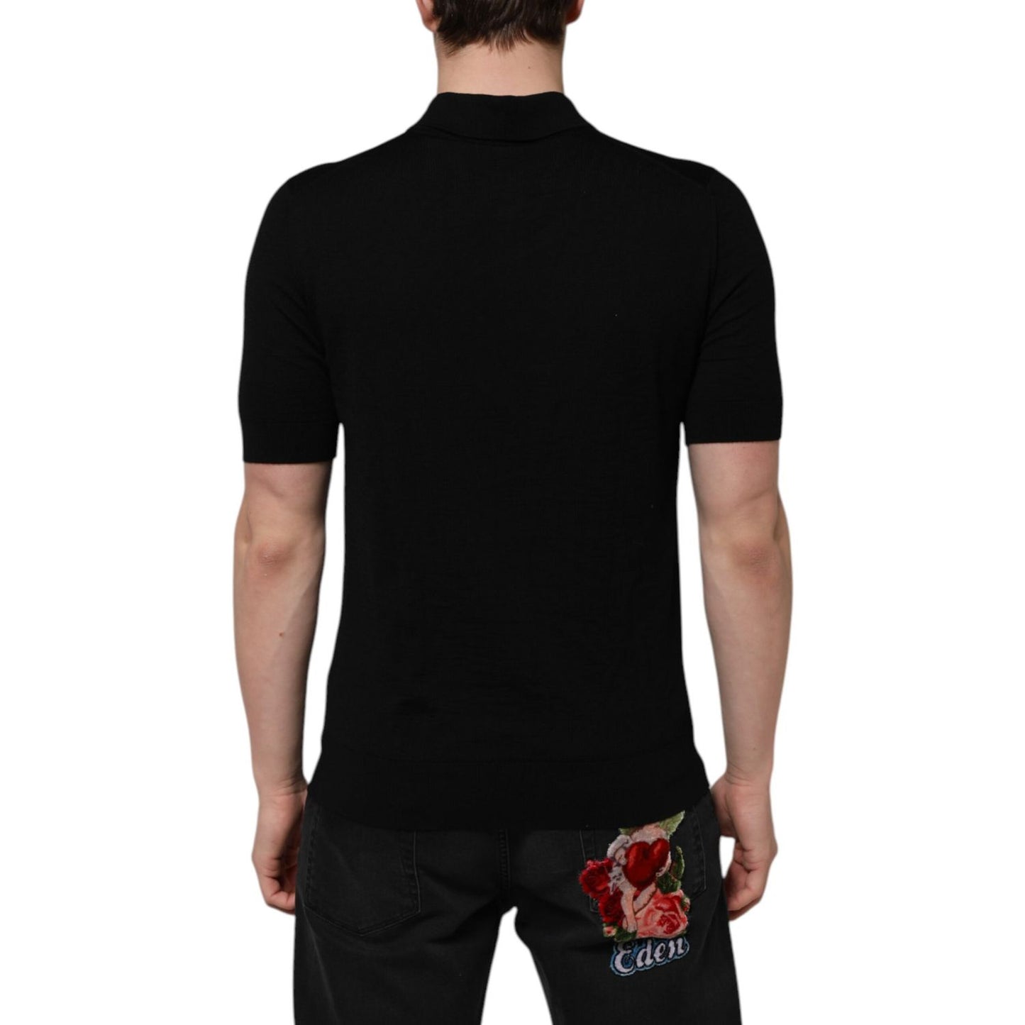 Dolce & Gabbana Black Wool DG Logo Rose Collared Polo T-shirt