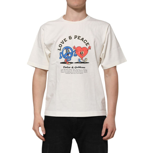 Dolce & Gabbana White Love Peace Cotton Men Crew Neck T-shirt TSH90494-52