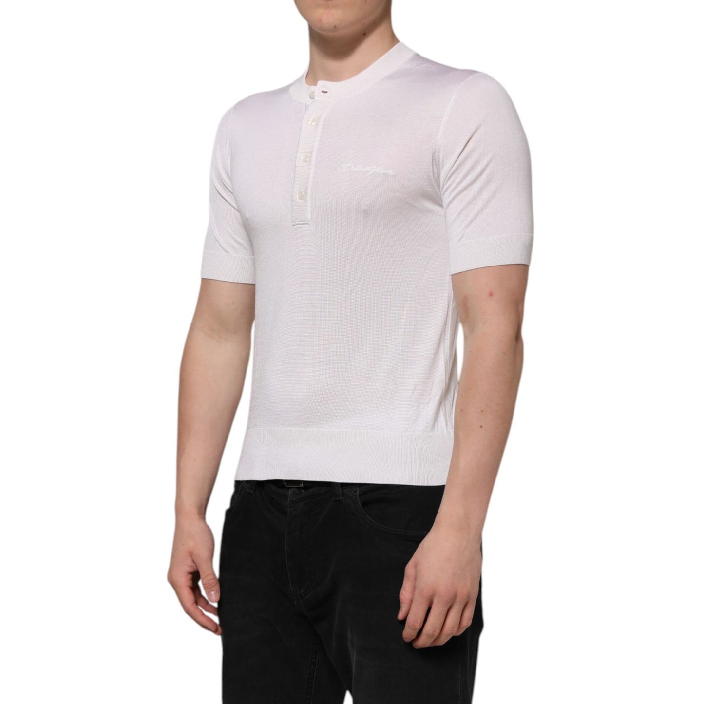 Dolce & Gabbana White Silk Short Sleeves Men Henley T-shirt