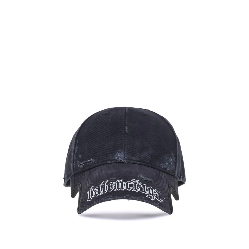 Balenciaga Black Cotton Cap (Baseball Hat) with Blackletter Script motif and embroidered eyelets, featuring adjustable hook-and-loop closure.