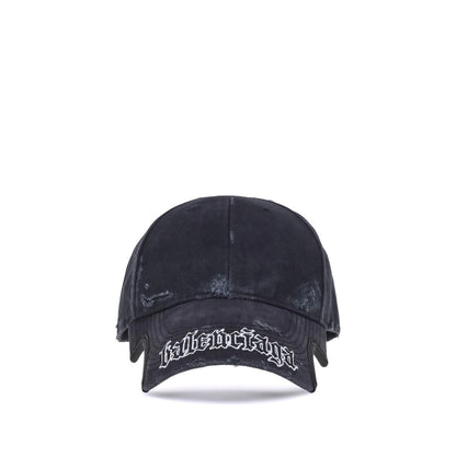 Balenciaga Black Cotton Cap (Baseball Hat) with Blackletter Script motif and embroidered eyelets, featuring adjustable hook-and-loop closure.