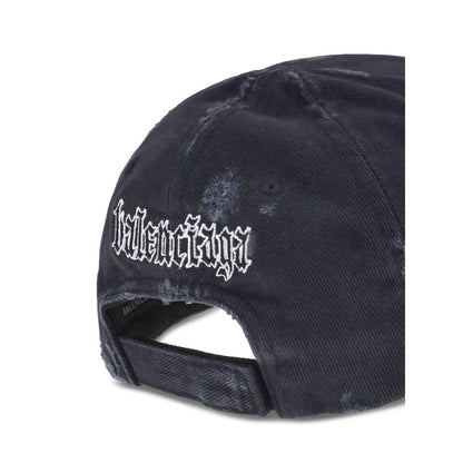 Balenciaga Black Cotton Cap (Baseball Hat) with Blackletter Script embroidery showcasing adjustable closure and ventilation eyelets.