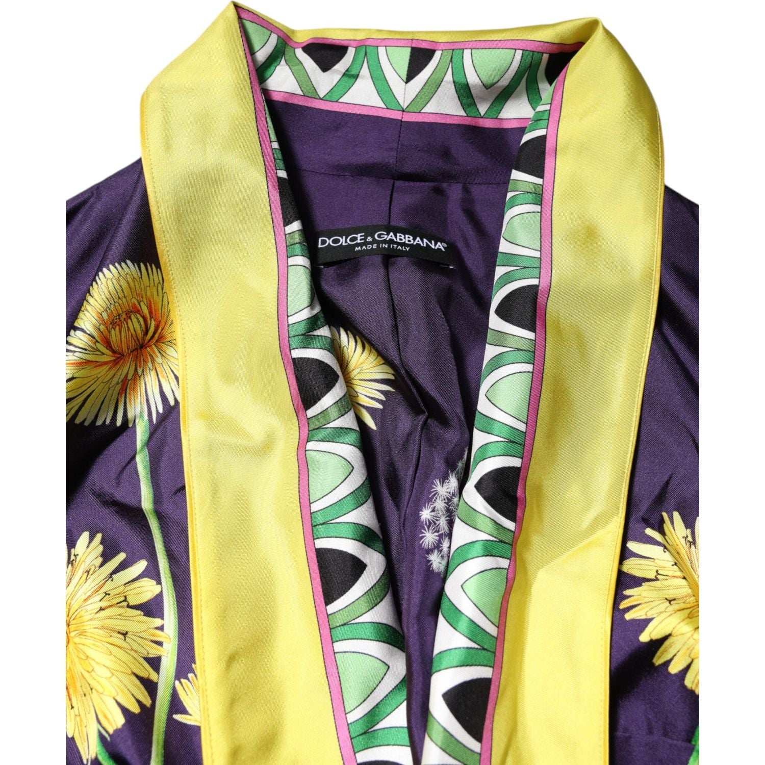 Dolce & Gabbana Blue Floral Print Silk Long Sleeves Wrap Robe