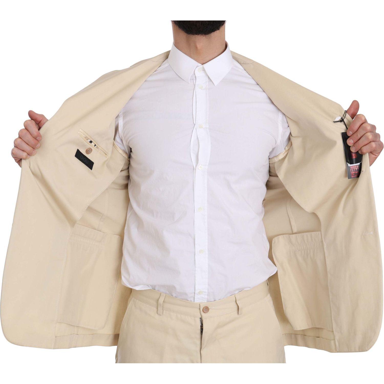 Romeo Gigli Two Piece 3 Button Beige Cotton Solid Suit