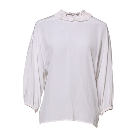 Dolce & Gabbana White Ruffled Neckline Blouse Pullover Top TSH86544-36