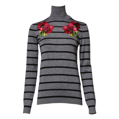 Dolce & Gabbana Gray Floral Embroidery Pullover Sweater