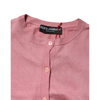Dolce & Gabbana Pink Silk Cropped Crew Neck Cardigan Sweater