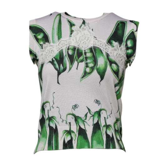 Dolce & Gabbana White Green Pea Print Sleeveless Blouse Top TSH86737-36