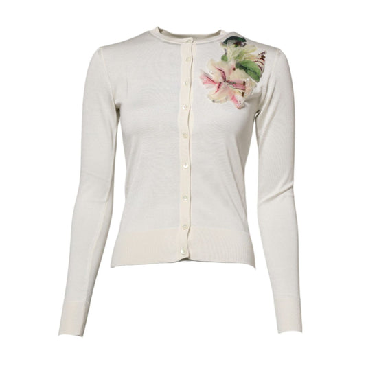 Dolce & Gabbana White Silk Lily Embellished Cardigan Sweater TSH86773-36