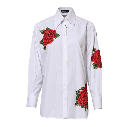 Dolce & Gabbana White Rose Embroidery Collared Shirt Top TSH90566-36