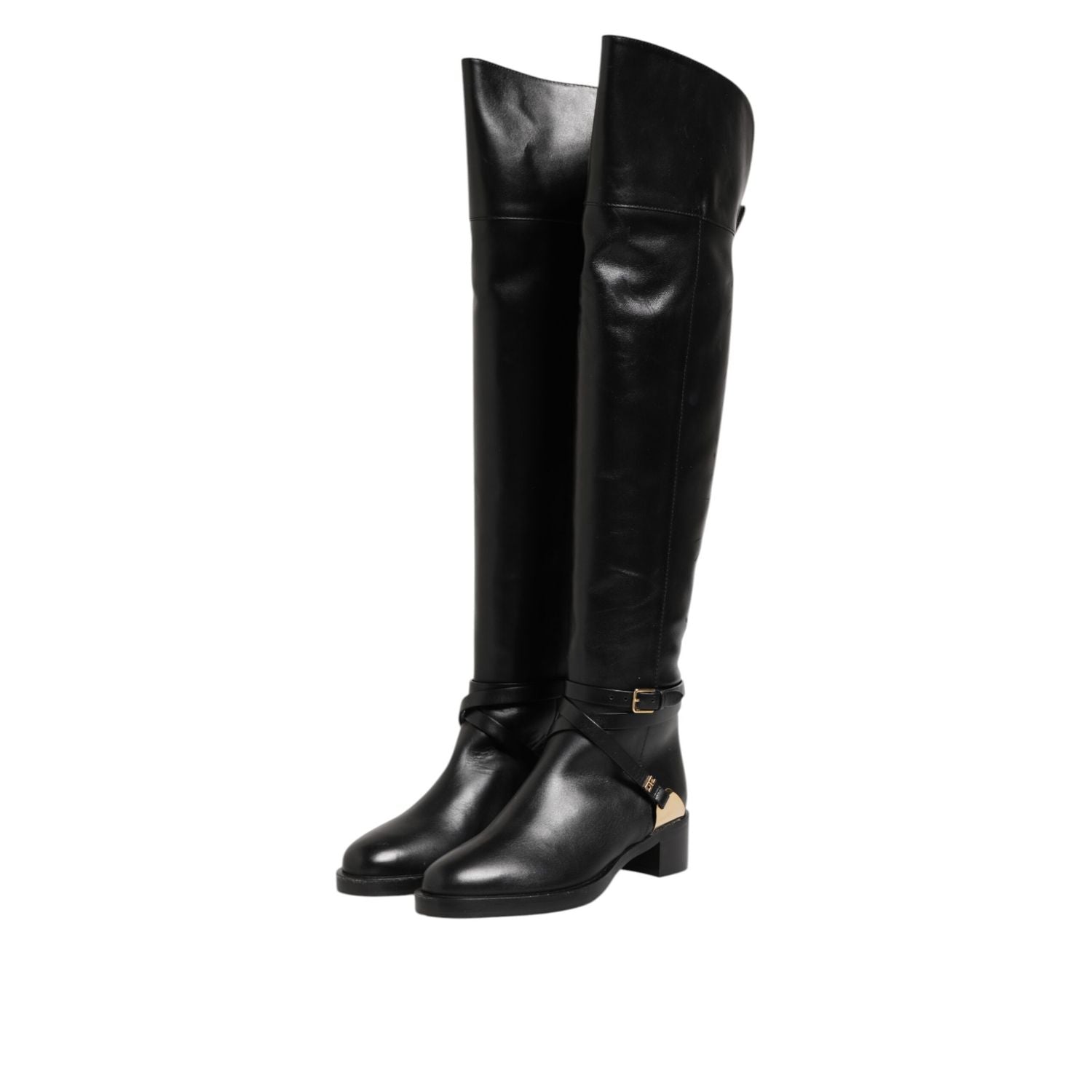 Elisabetta Franchi Black Leather Buckled High Boots Shoes