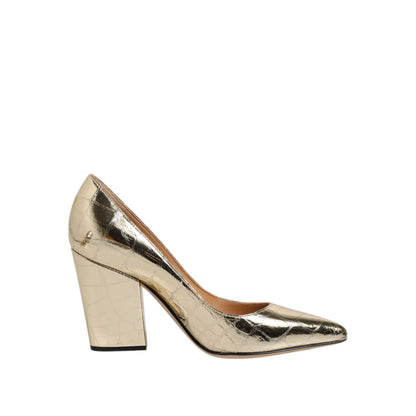 Sergio Rossi Gold Leather Pointed Toe Block Heels Shoes