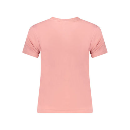 Back view of Guess Jeans Pink Cotton Women T-Shirt showcasing slim fit and vibrant hue.