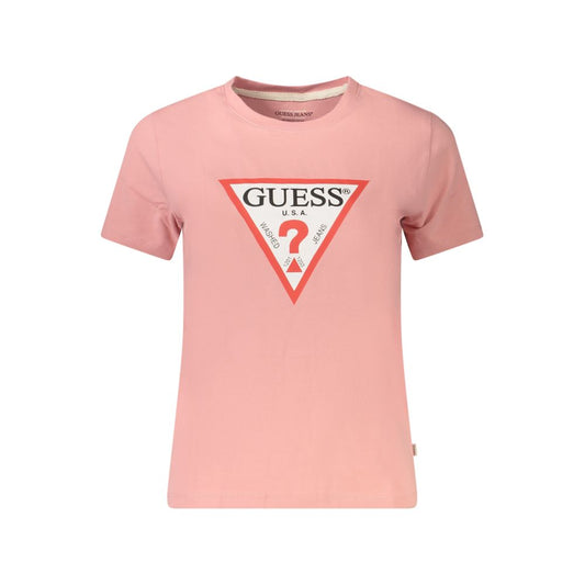 Guess Jeans Pink Cotton Women T-Shirt with logo and bold design, eco-friendly organic cotton, short sleeves, crewneck, fashionable look