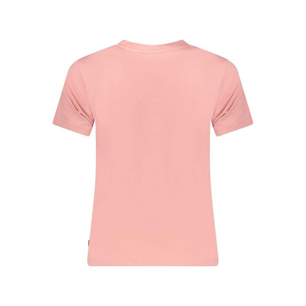 Back view of Guess Jeans Pink Cotton Women T-Shirt showcasing crew neck and short sleeves.
