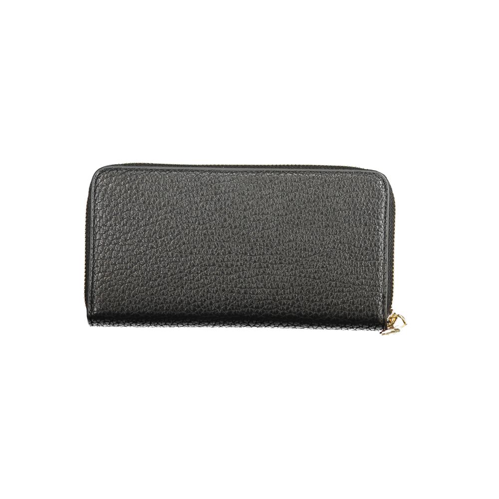 Mario Valentino Black Polyethylene Wallet with zip closure, 6 compartments, and coin purse. Stylish recycled material design.