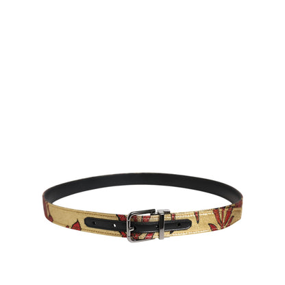 Dolce & Gabbana Gold Floral Jacquard Silver Metal Buckle Belt