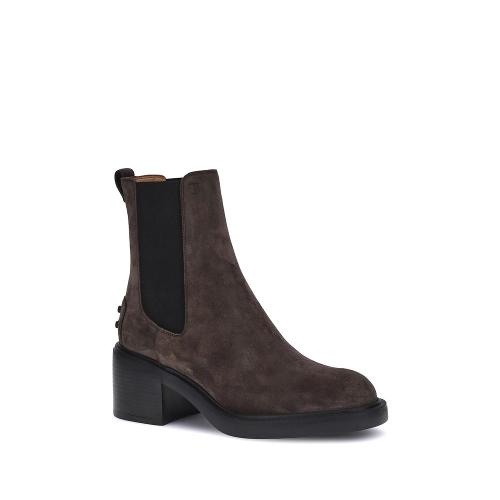 Tod's Brown Calf Leather Bos Taurus Ankle Boots with elastic inserts and rubber lug sole