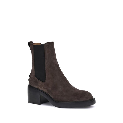 Tod's Brown Calf Leather Bos Taurus Ankle Boots with elastic inserts and rubber lug sole