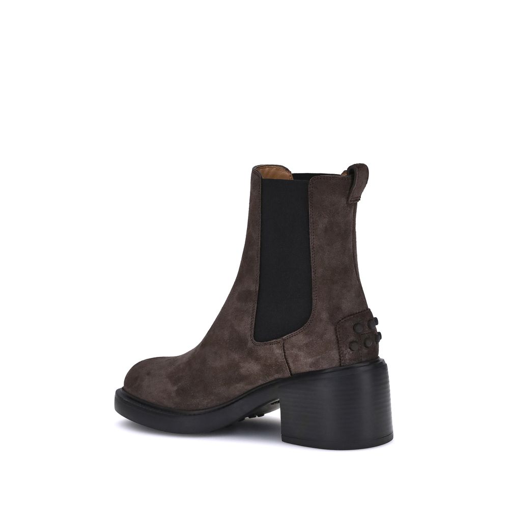 Tod's Brown Calf Leather Bos Taurus Ankle Boots with block heel and elastic inserts for comfort and style.