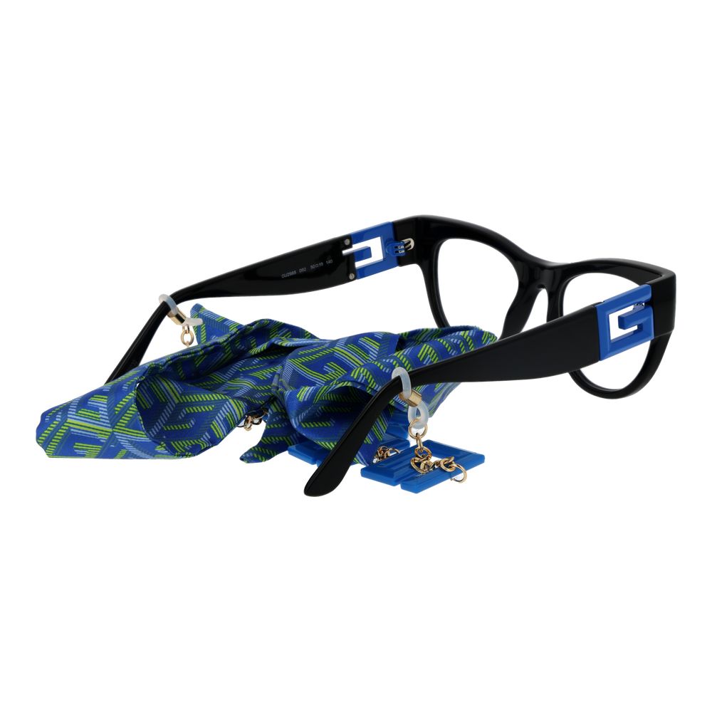 Guess Black Women Glasses Frame with black plastic cat-eye design and blue-green patterned eyewear chain.