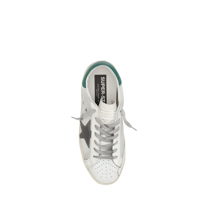 Golden Goose White Calf Leather Bos Taurus Low Top Sneakers with elongated toe and iconic patch star.