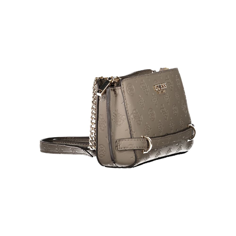 Guess Jeans Brown Polyethylene Women Handbag with chain strap and embossed logo, features multiple pockets and zip closure