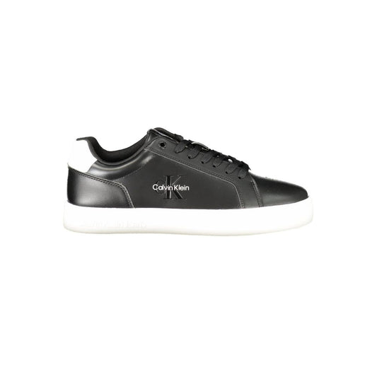 Calvin Klein Black Leather Men Sneaker featuring sleek design with white details and removable insole for customizable comfort.