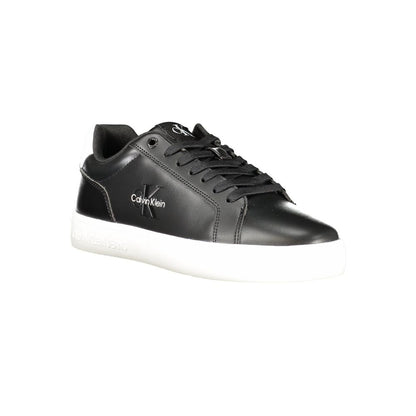 Calvin Klein Black Leather Men Sneaker with sleek design and contrasting white sole, featuring removable insole and iconic logo.