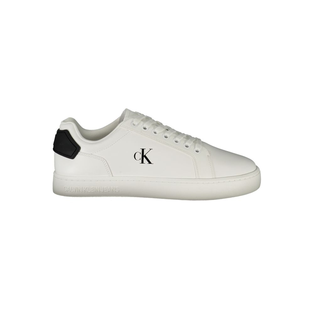 Calvin Klein White Leather Men Sneaker with black details, featuring removable footbed for comfort and style.