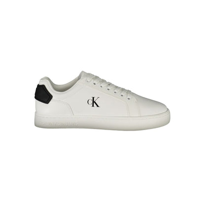 Calvin Klein White Leather Men Sneaker with black details, featuring removable footbed for comfort and style.