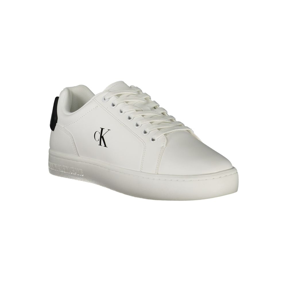 Calvin Klein White Leather Men Sneaker with black details, featuring removable footbed for comfort and signature CK branding.
