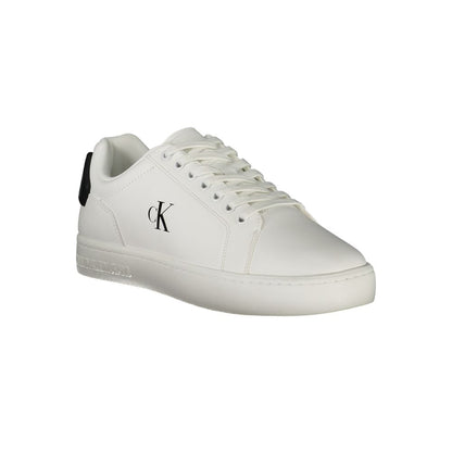 Calvin Klein White Leather Men Sneaker with black details, featuring removable footbed for comfort and signature CK branding.
