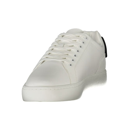 Calvin Klein White Leather Men Sneaker with black details and removable footbed for comfort and style.