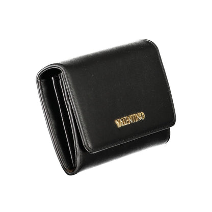 Mario Valentino Black Polyethylene Women Wallet with gold logo, showcasing elegant three-compartment design for cards and cash organization.