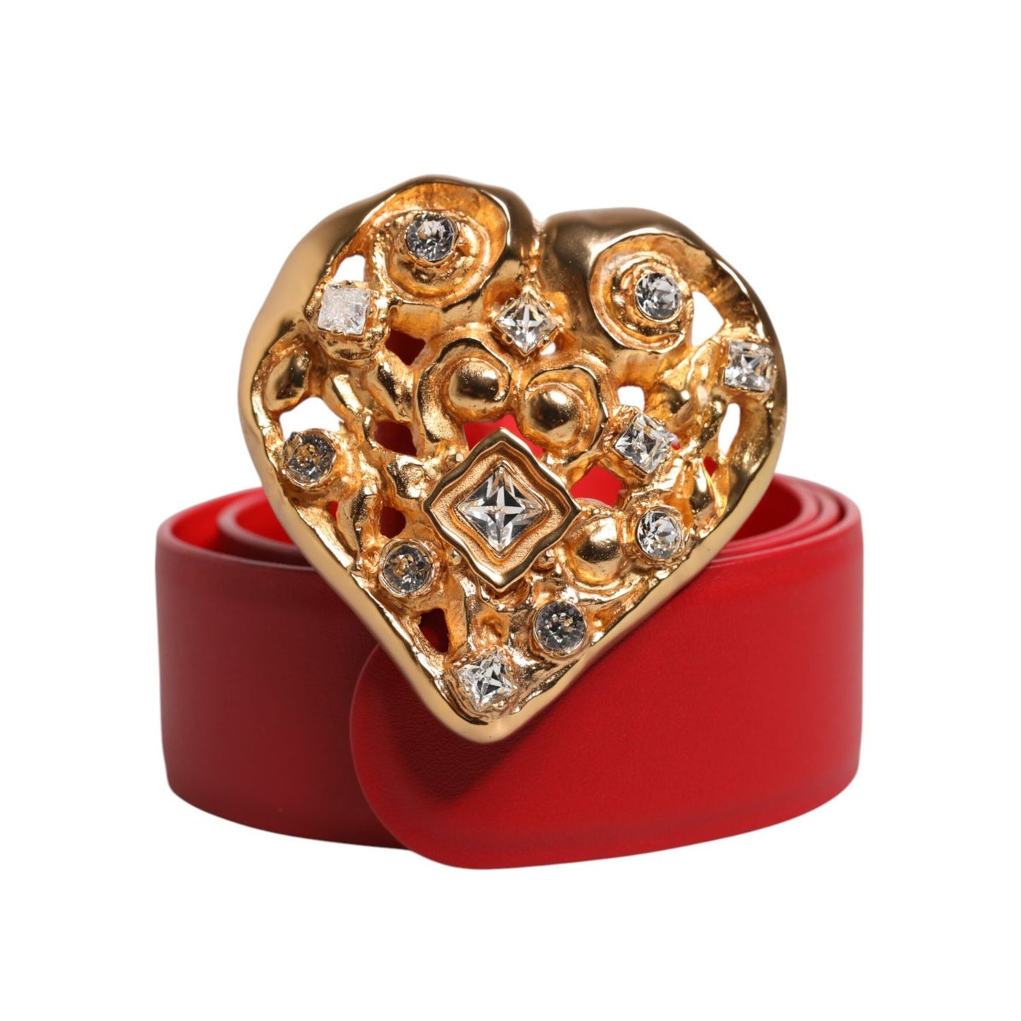 Dolce & Gabbana Red Calf Leather Embellished Metal Buckle Belt