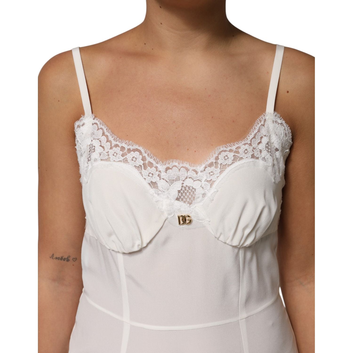 Dolce & Gabbana White Lace Gold DG Logo Silk Dress Sleepwear