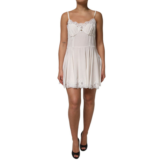 Dolce & Gabbana White Lace Gold DG Logo Silk Dress Sleepwear DR81799-50