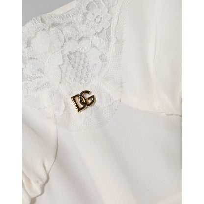 Dolce & Gabbana White Lace Gold DG Logo Silk Dress Sleepwear